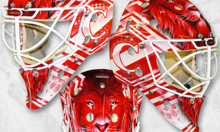 Аэрография "Red White Lion" на вратарском шлеме